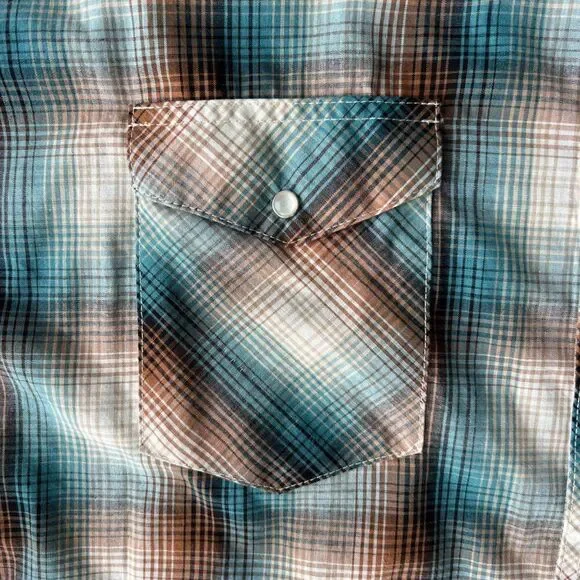 Wrangler Western Short Sleeve‎ Pearl Snap Shirt Cream / Blue / Brown Men's 2XL - Picture 5 of 6